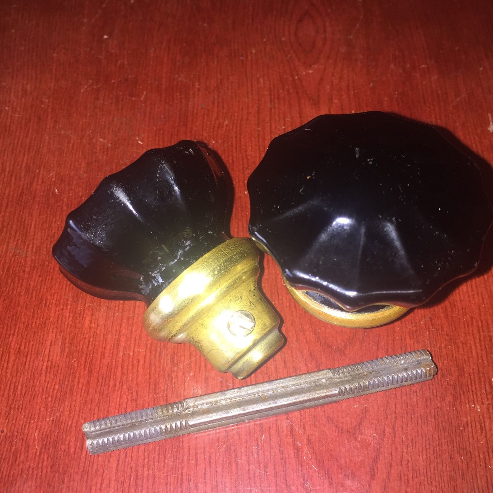 Antique Vintage Pair Of  12 Points Flutted Black Glass DoorKnob Deco Style