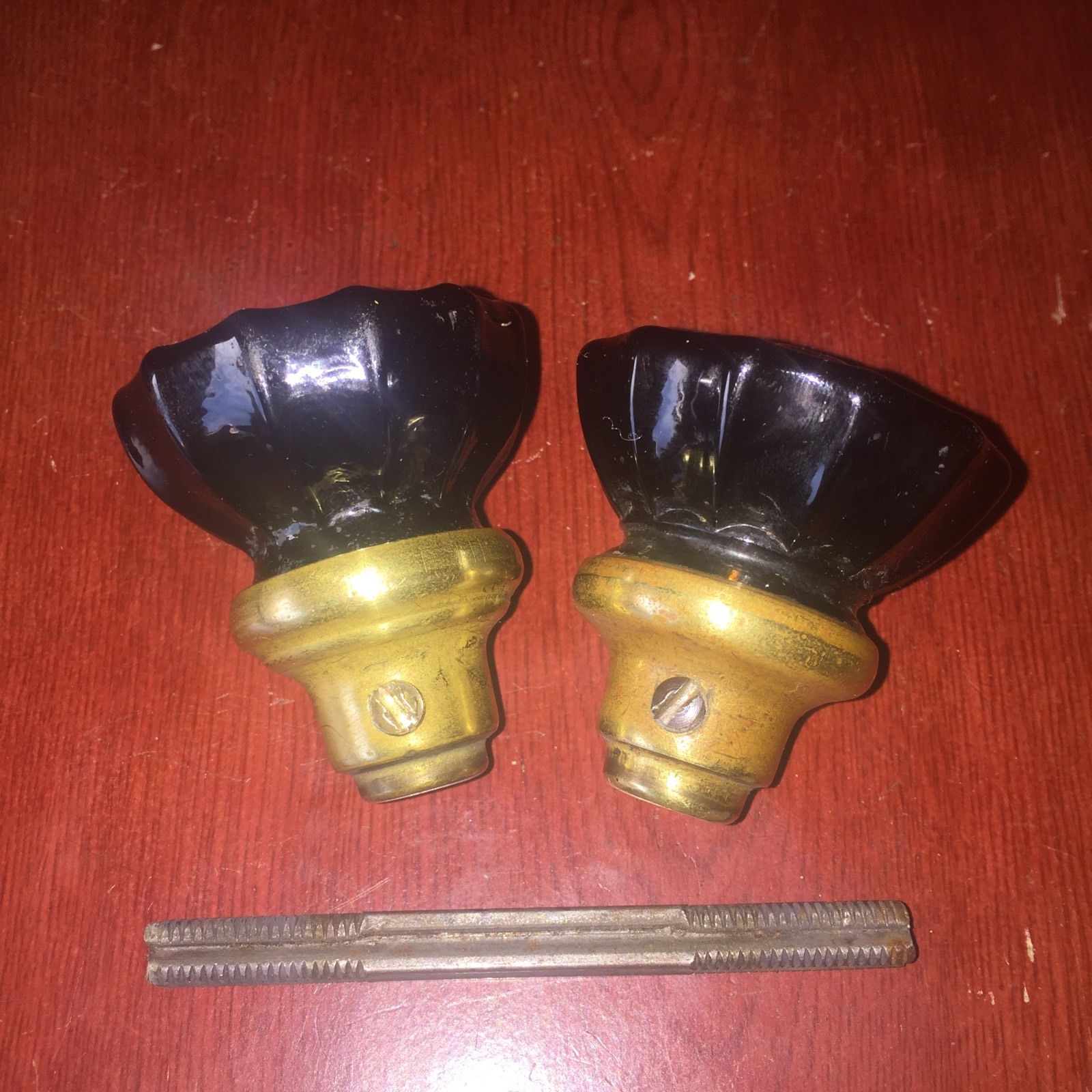 Antique Vintage Pair Of  12 Points Flutted Black Glass DoorKnob Deco Style