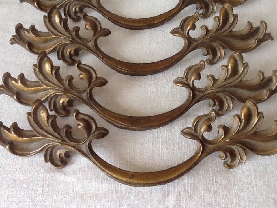 4 Vintage Large 9 1/4" Cast Metal Antique Brass French Provincial Drawer Handles