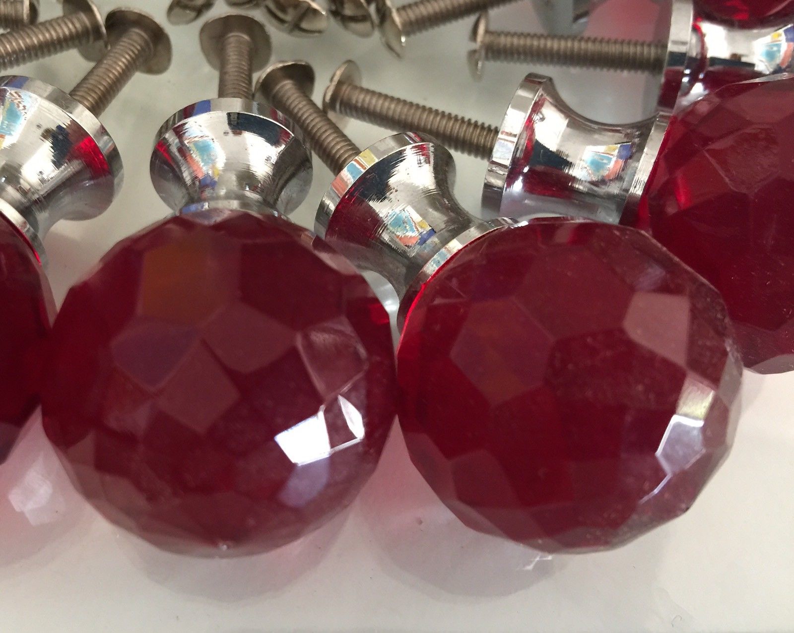 VINTAGE LOT OF 13 DEEP RED FACETED GLASS DRAWER KNOBS PULLS CHROME BEZEL