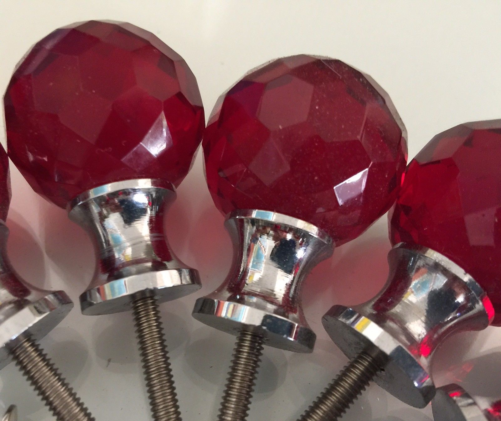 VINTAGE LOT OF 13 DEEP RED FACETED GLASS DRAWER KNOBS PULLS CHROME BEZEL