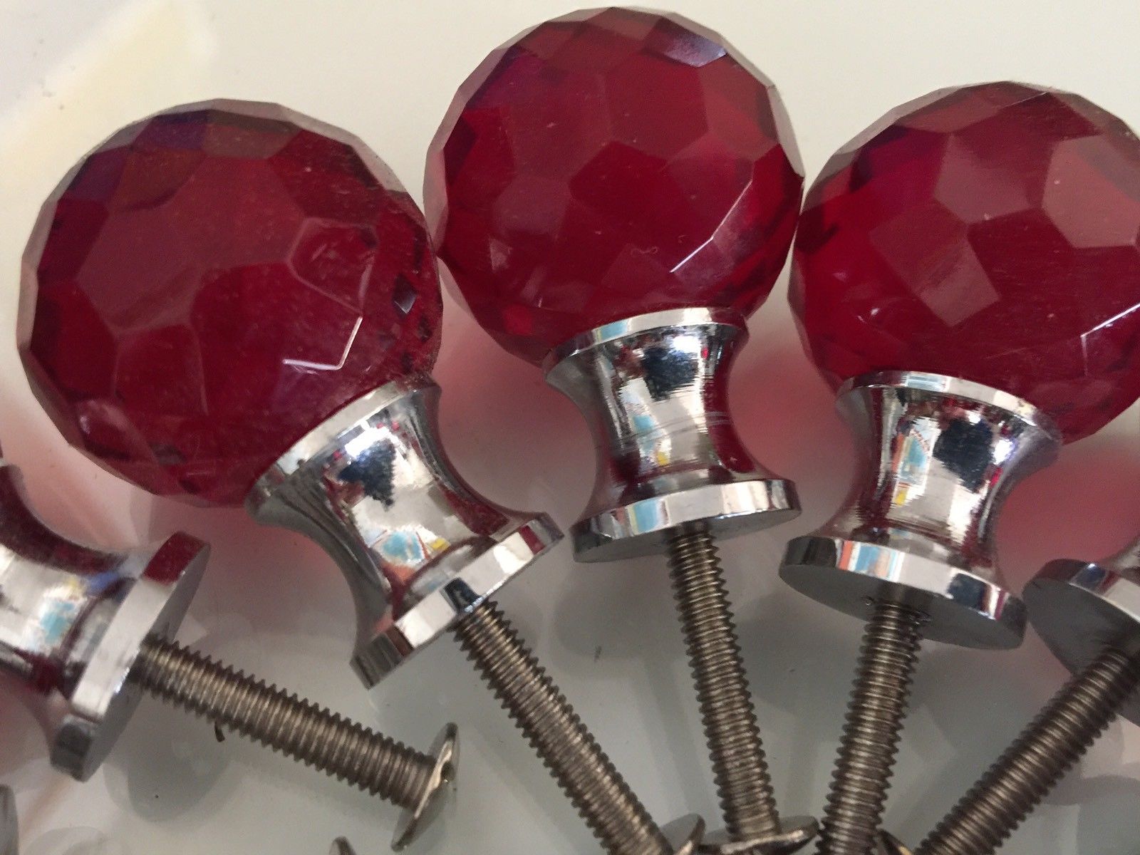 VINTAGE LOT OF 13 DEEP RED FACETED GLASS DRAWER KNOBS PULLS CHROME BEZEL