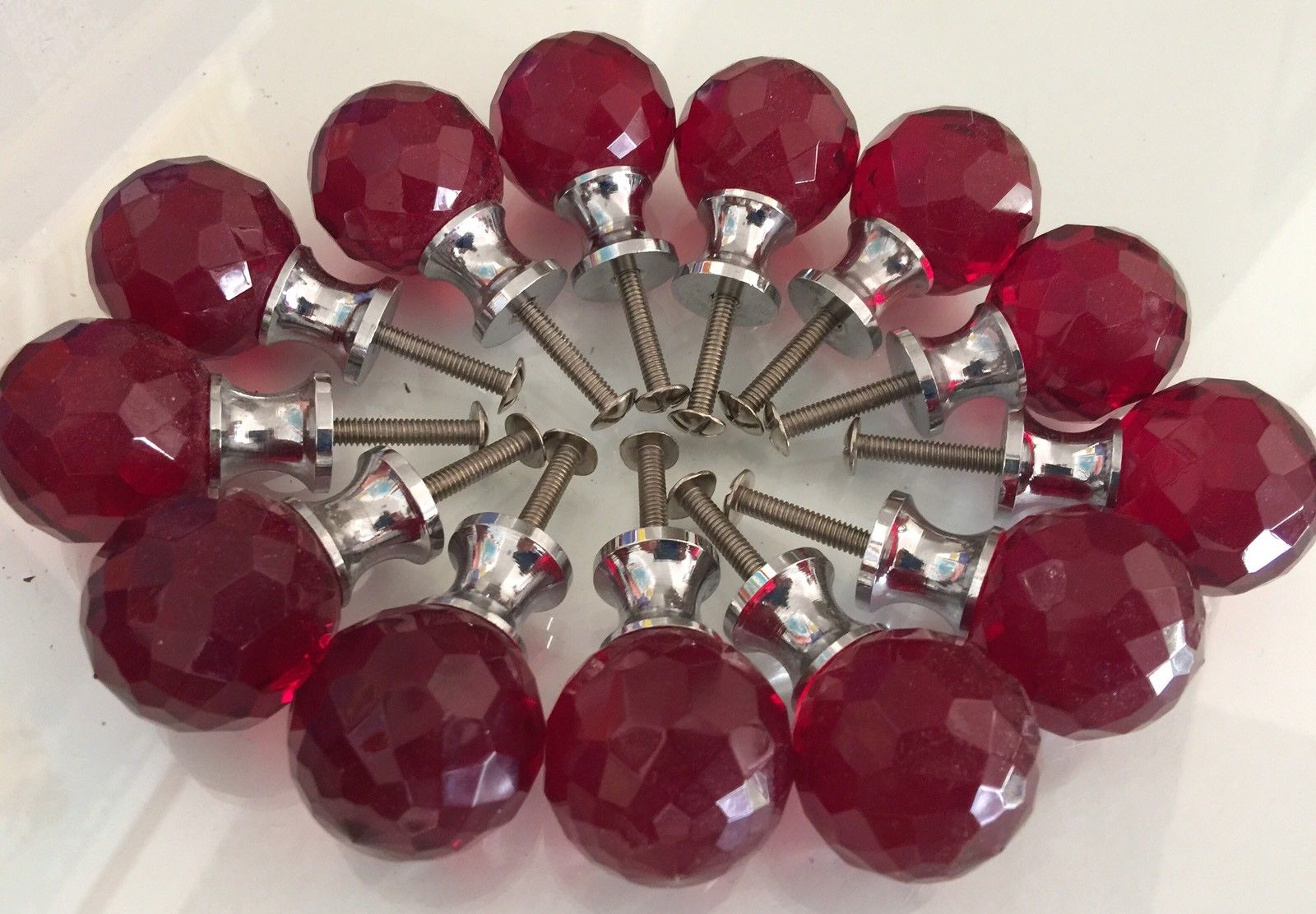 VINTAGE LOT OF 13 DEEP RED FACETED GLASS DRAWER KNOBS PULLS CHROME BEZEL