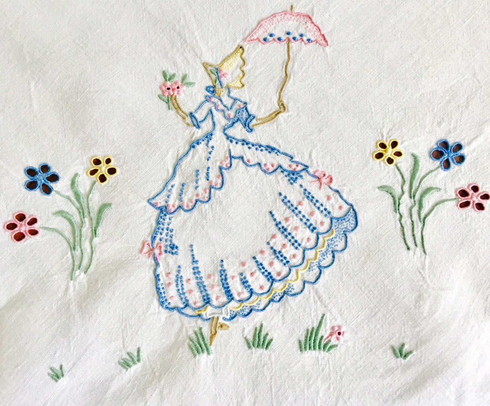 Vintage Linen Embroidered Table Cloth Crinoline Lady