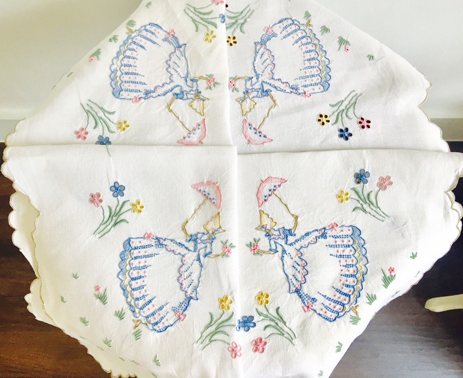 Vintage Linen Embroidered Table Cloth Crinoline Lady