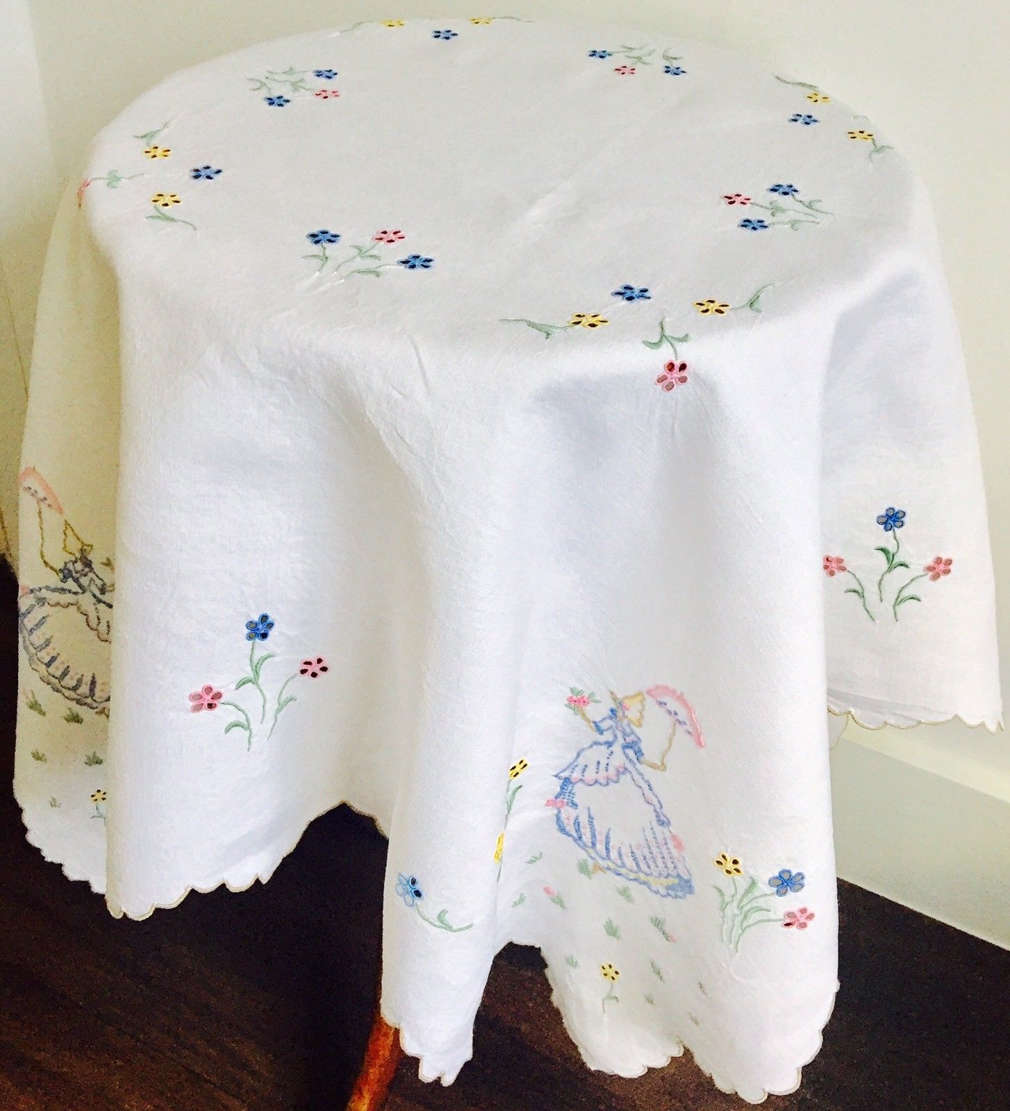 Vintage Linen Embroidered Table Cloth Crinoline Lady