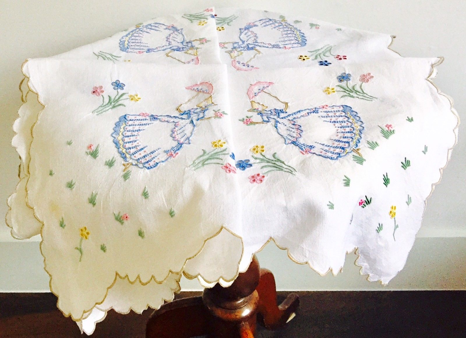 Vintage Linen Embroidered Table Cloth Crinoline Lady