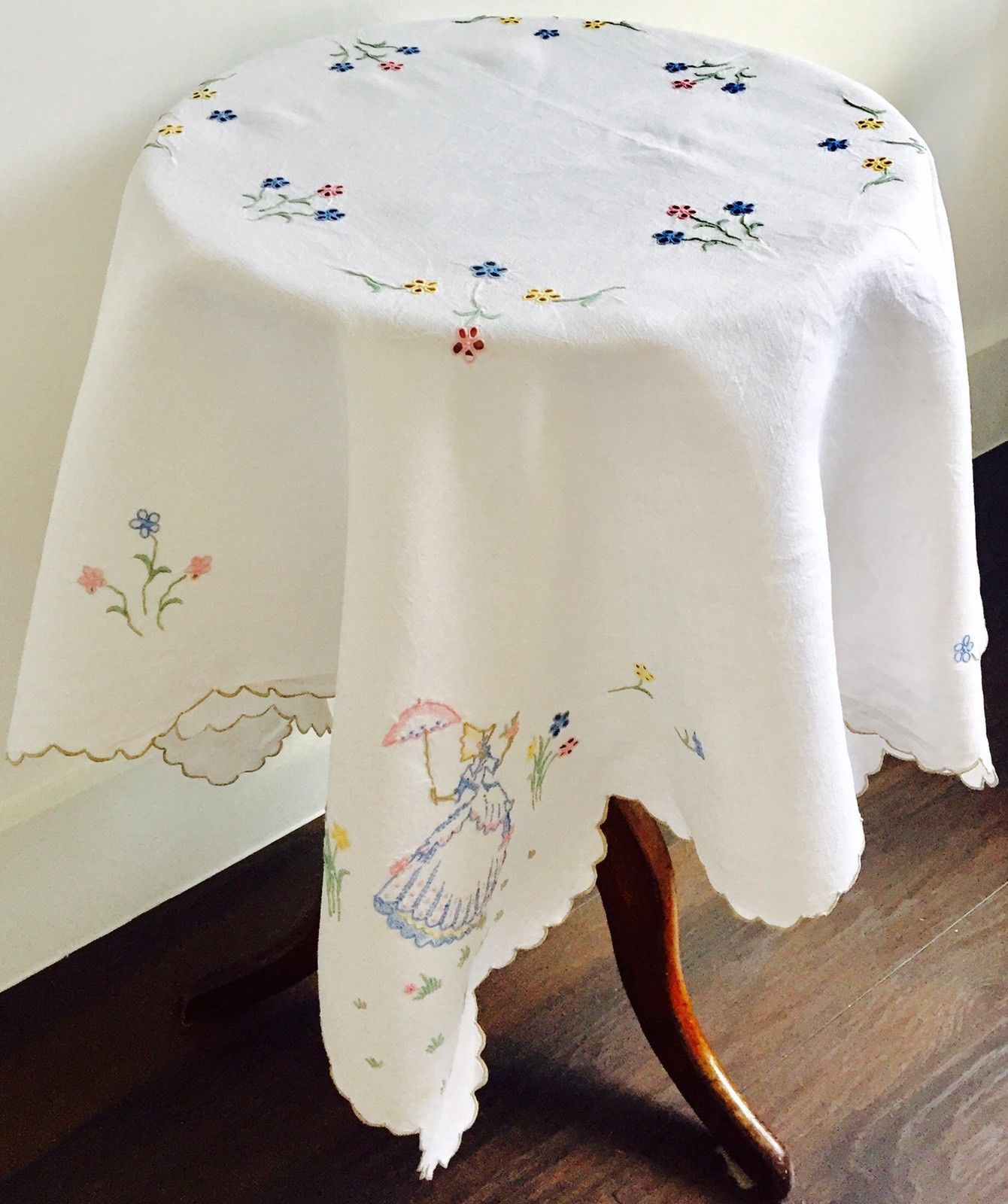 Vintage Linen Embroidered Table Cloth Crinoline Lady