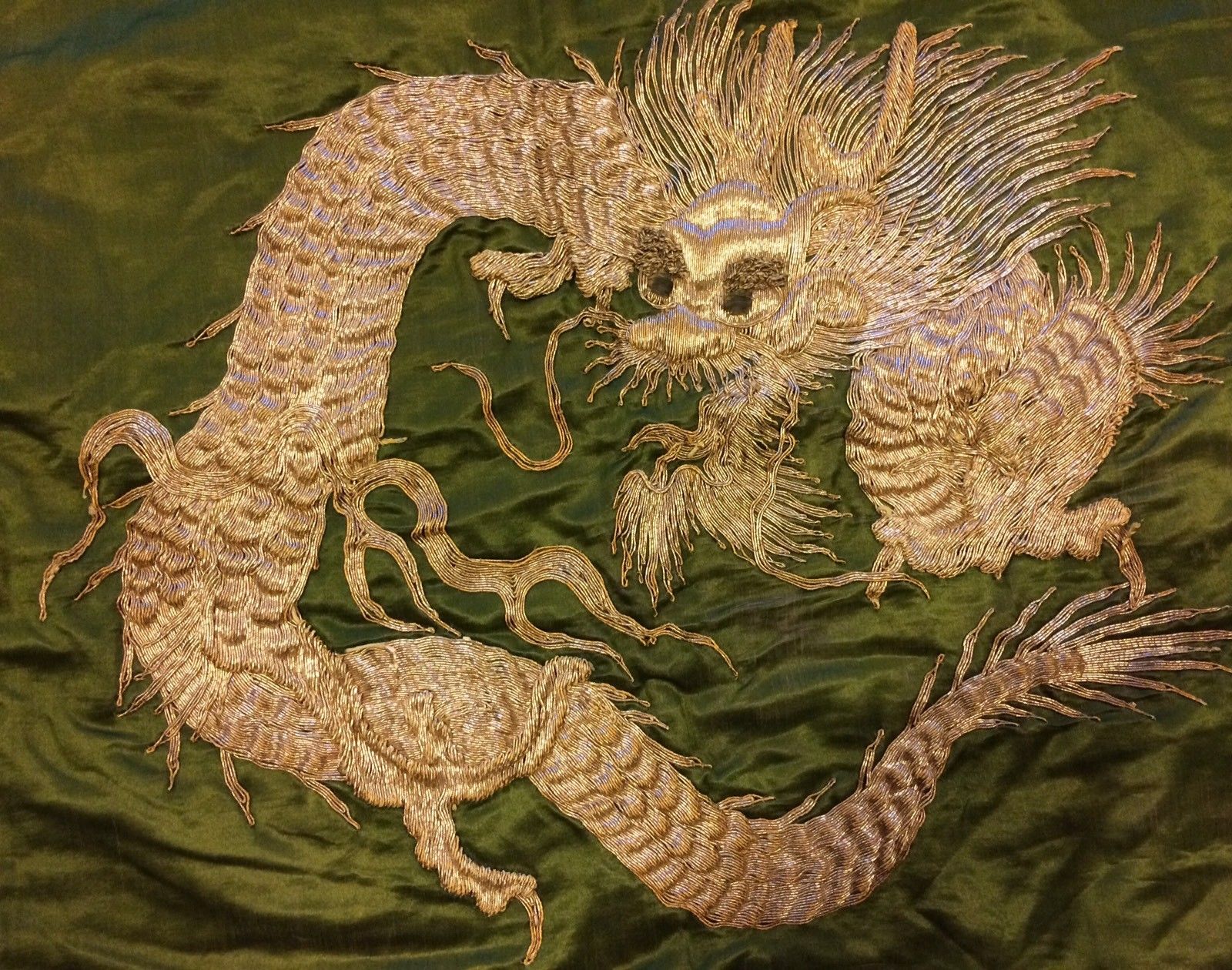 Nice Antique Chinese Embroidered Silk Panel With Gold Bullion Thread Dragon