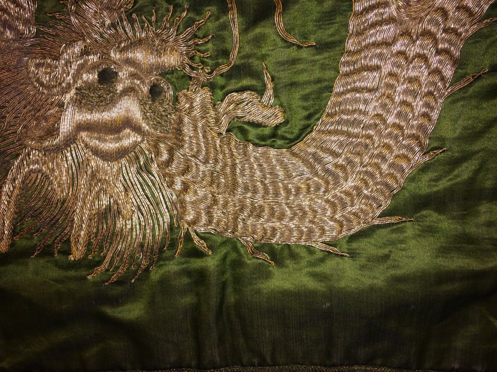 Nice Antique Chinese Embroidered Silk Panel With Gold Bullion Thread Dragon