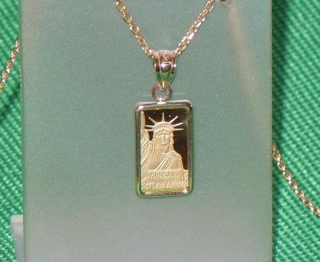 PURE .9999 GOLD ~1~GRAM ~ STATUE of LIBERTY  BAR ~ 14-KT GOLD  PENDANT ~ $98.88