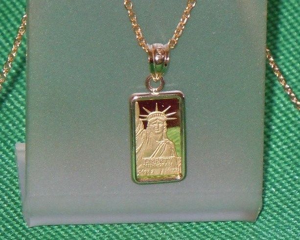 PURE .9999 GOLD ~1~GRAM ~ STATUE of LIBERTY  BAR ~ 14-KT GOLD  PENDANT ~ $98.88