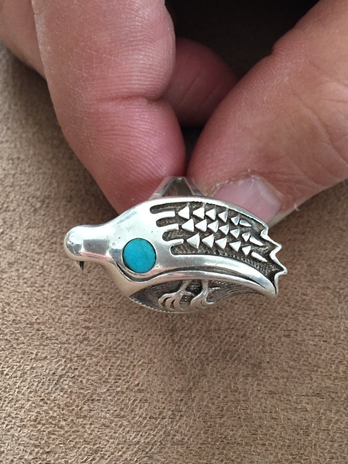 Navajo or Zuni Native American Quail Silver Ring with Turquiose stone