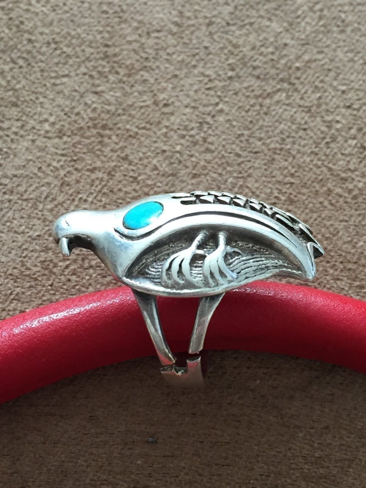 Navajo or Zuni Native American Quail Silver Ring with Turquiose stone