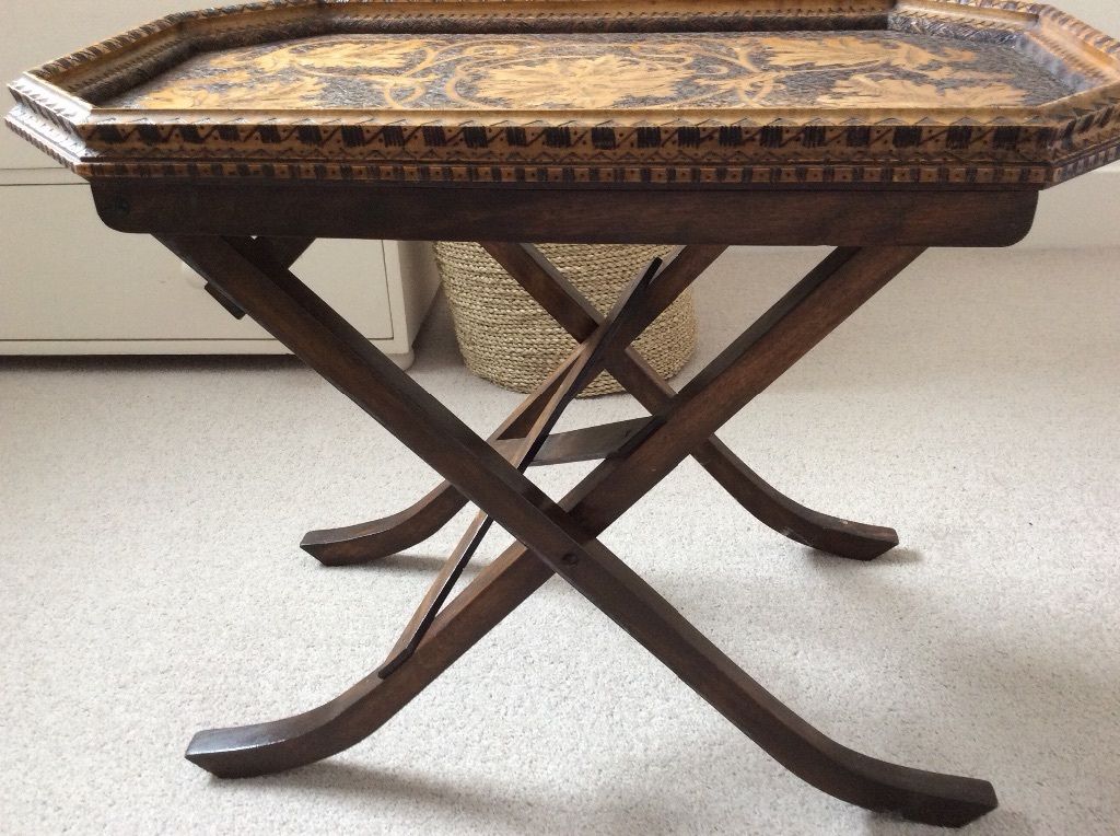 FINE ANTIQUE POKERWORK FOLDING TABLE