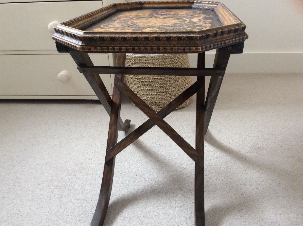 FINE ANTIQUE POKERWORK FOLDING TABLE