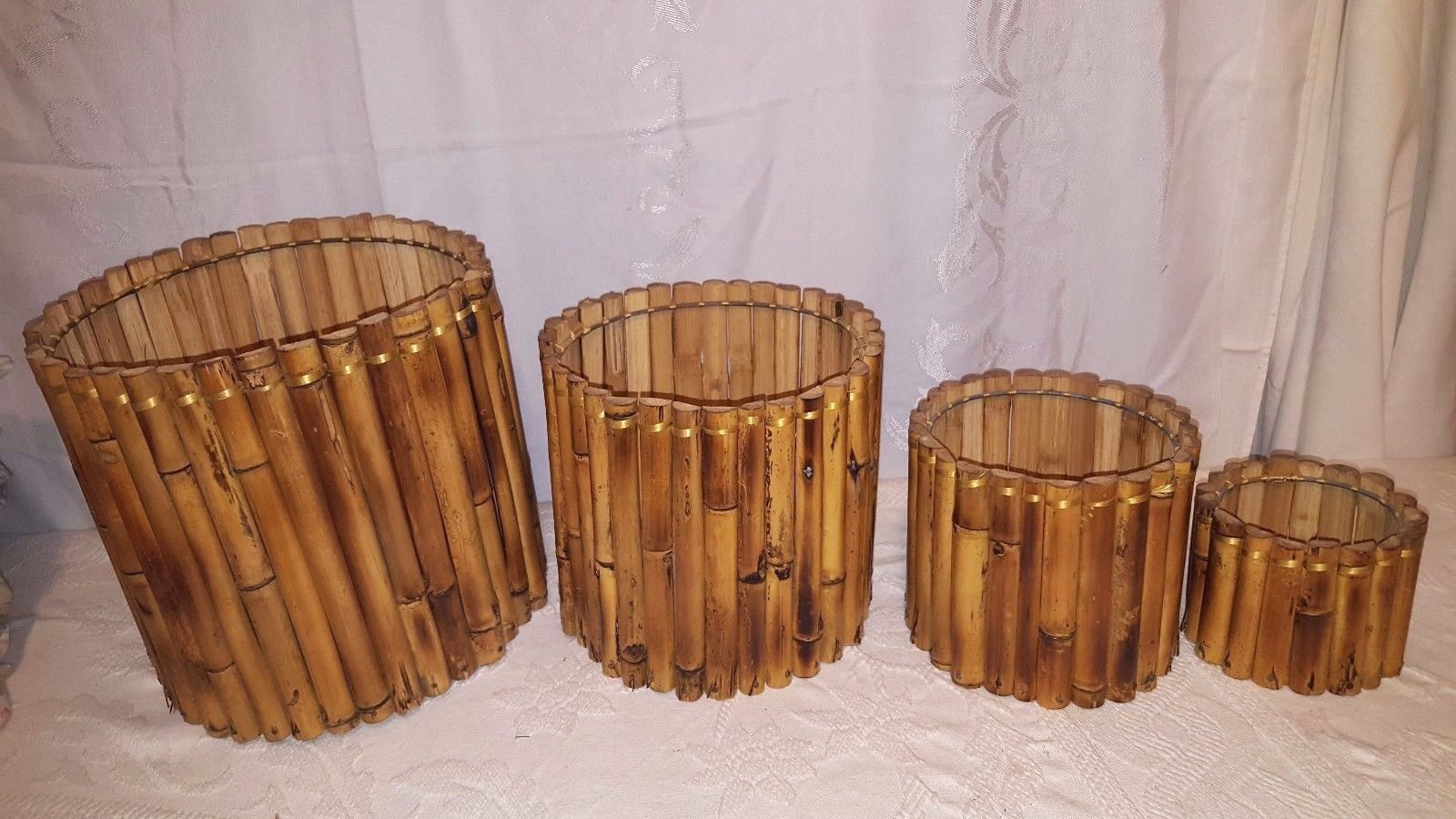 VINTAGE MID CENTURY MODERN RATTAN BAMBOO TIKI PLANTER PLANT LOT SET OF 4 DECOR