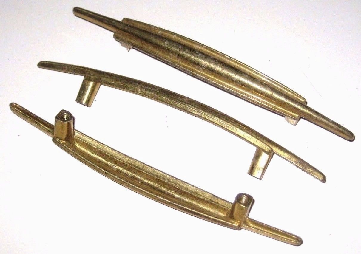 Lot of 12 Vintage Brass Tone Metal Atomic Era Dresser Desk Drawer Pull Handles