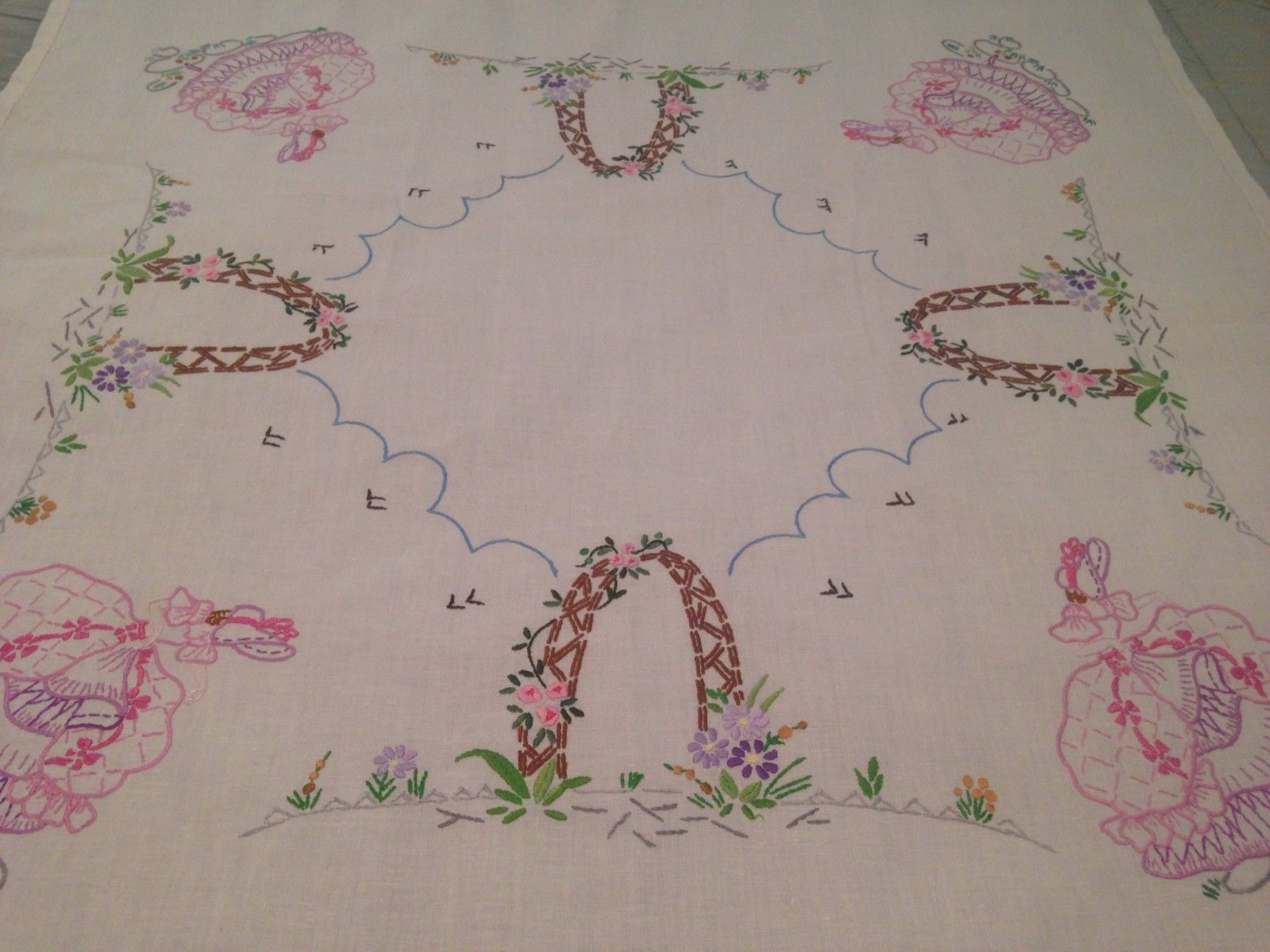 Vintage Hand Embroidered Tablecloth BEAUTIFUL CRINOLINE LADIES