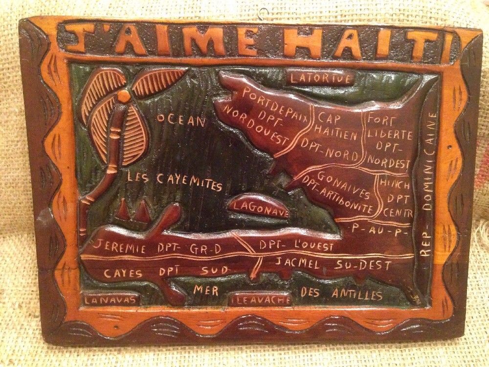Vintage Haitian Folk Art Hand Carved Painted Stained Wood Map Outsider Art Haiti