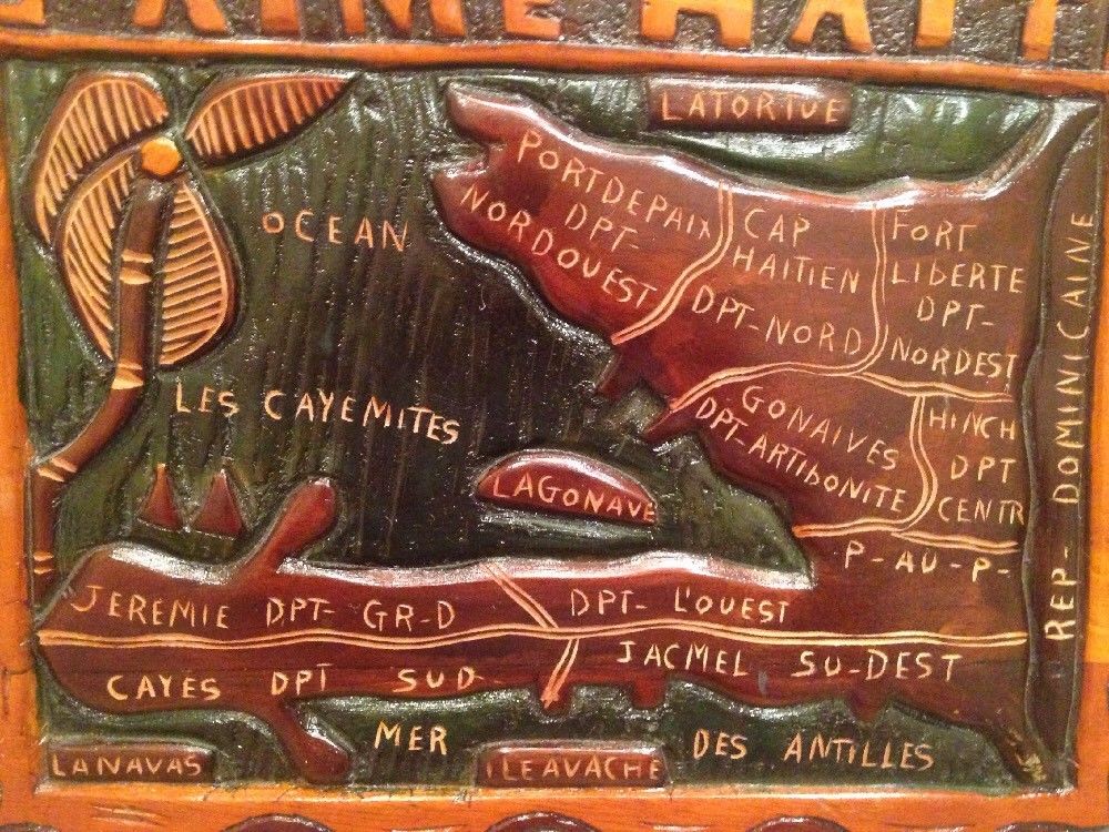 Vintage Haitian Folk Art Hand Carved Painted Stained Wood Map Outsider Art Haiti