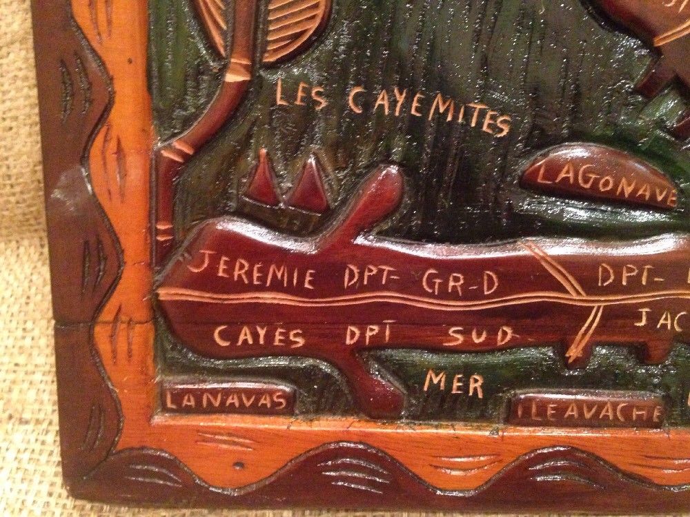 Vintage Haitian Folk Art Hand Carved Painted Stained Wood Map Outsider Art Haiti