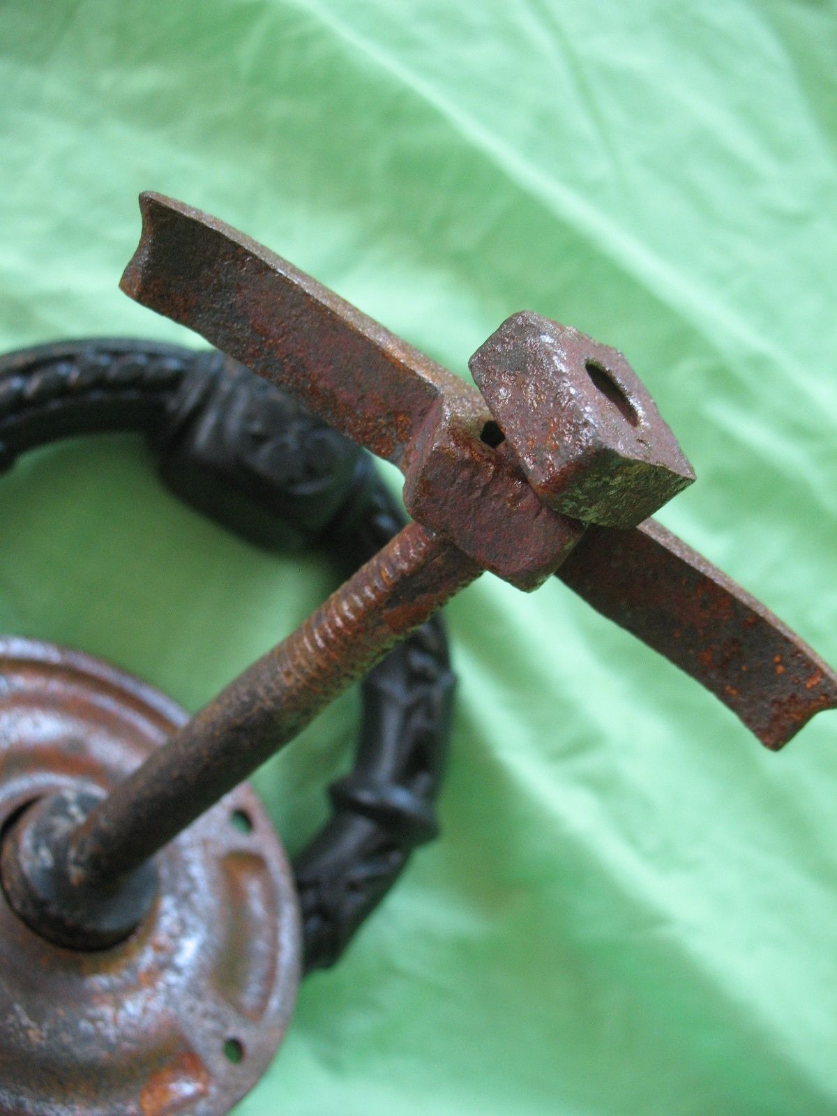 Old antique reclaim cast iron gothic door pull handle come door knocker signed