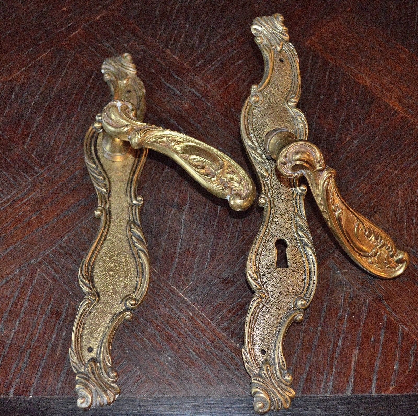 Antique Pair French Ornate Brass Door Handle Set and Backplates