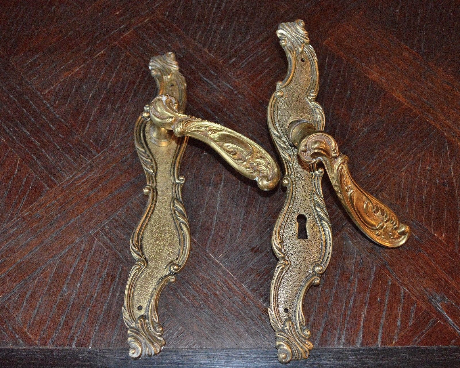 Antique Pair French Ornate Brass Door Handle Set and Backplates