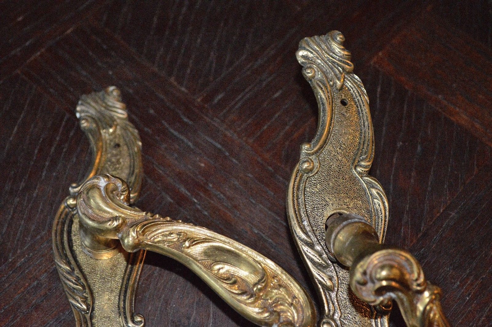 Antique Pair French Ornate Brass Door Handle Set and Backplates