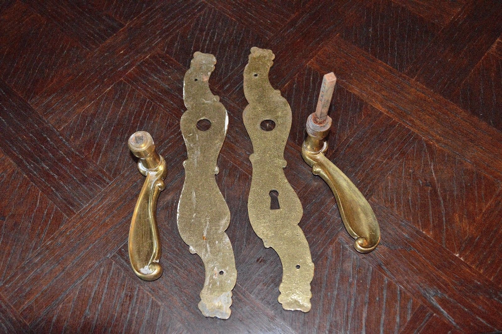 Antique Pair French Ornate Brass Door Handle Set and Backplates