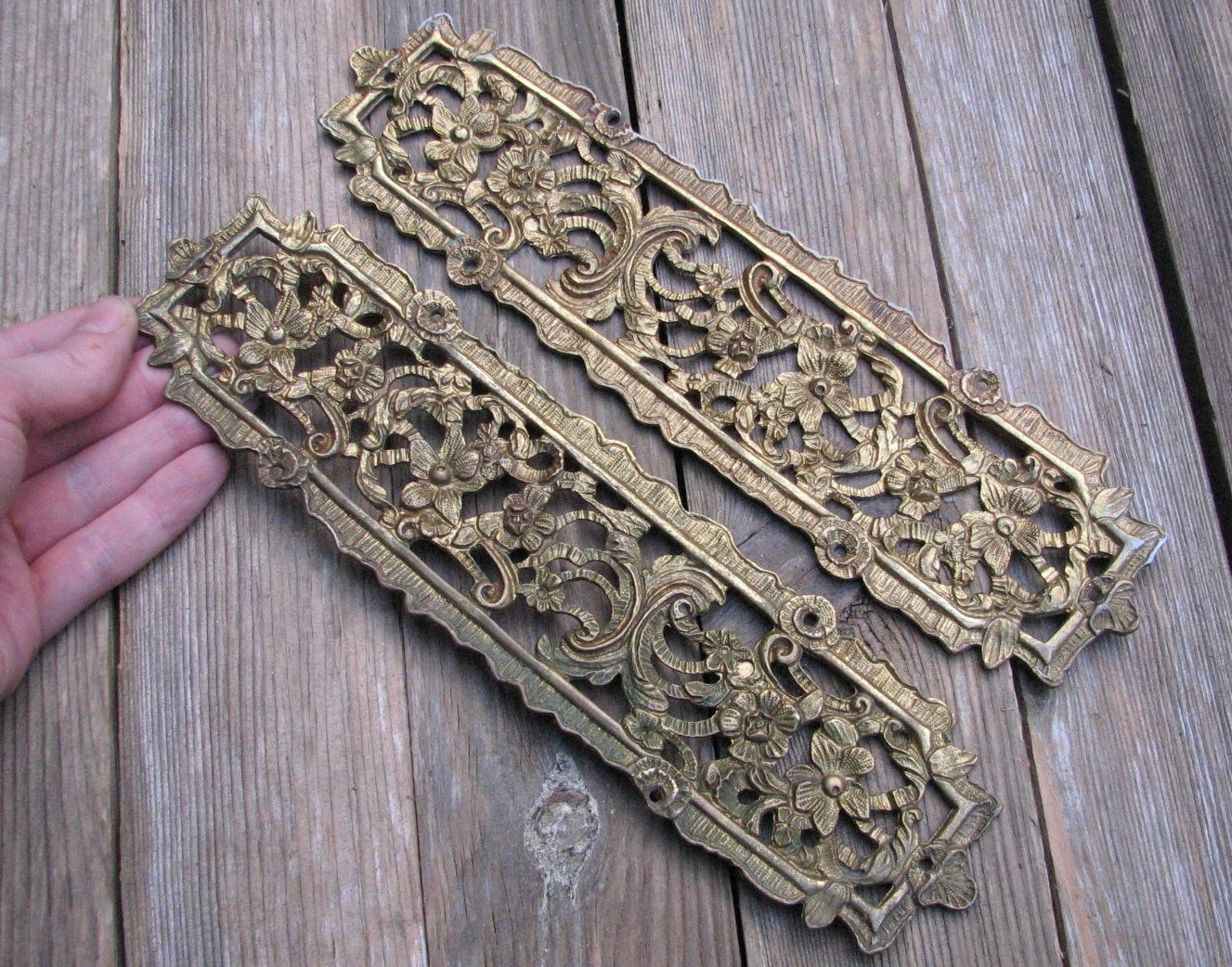 Ornate Vintage Pair of Brass Door Finger Push Plates - MORE AVAILABLE