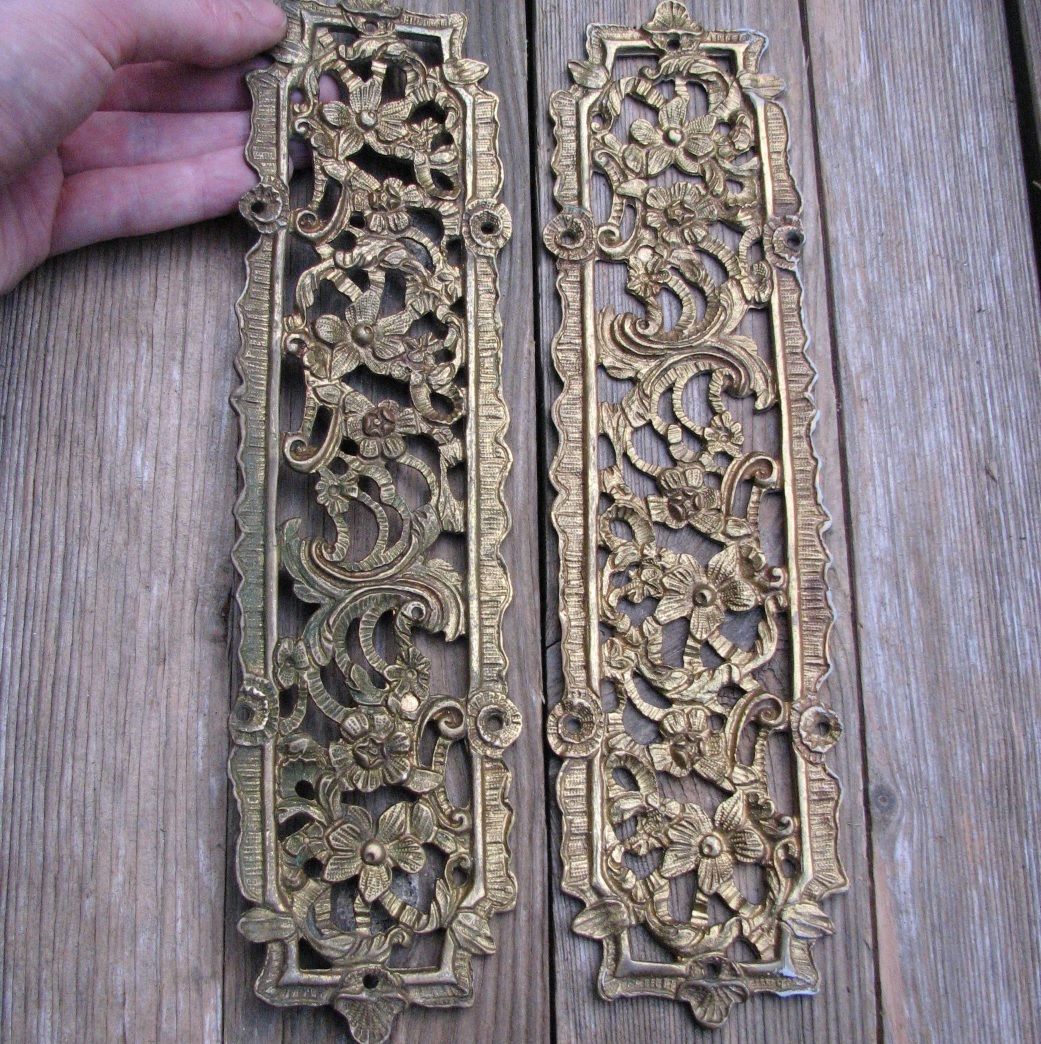 Ornate Vintage Pair of Brass Door Finger Push Plates - MORE AVAILABLE