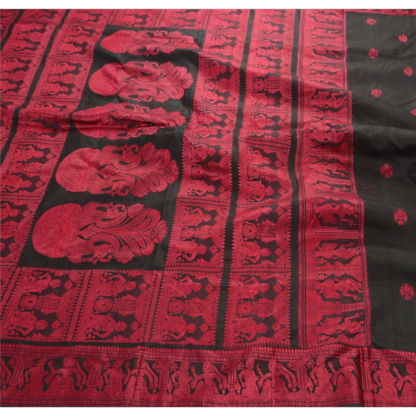 Sanskriti Vintage Antique Saree 100% Pure Silk Black Woven Fabric Baluchari Sari