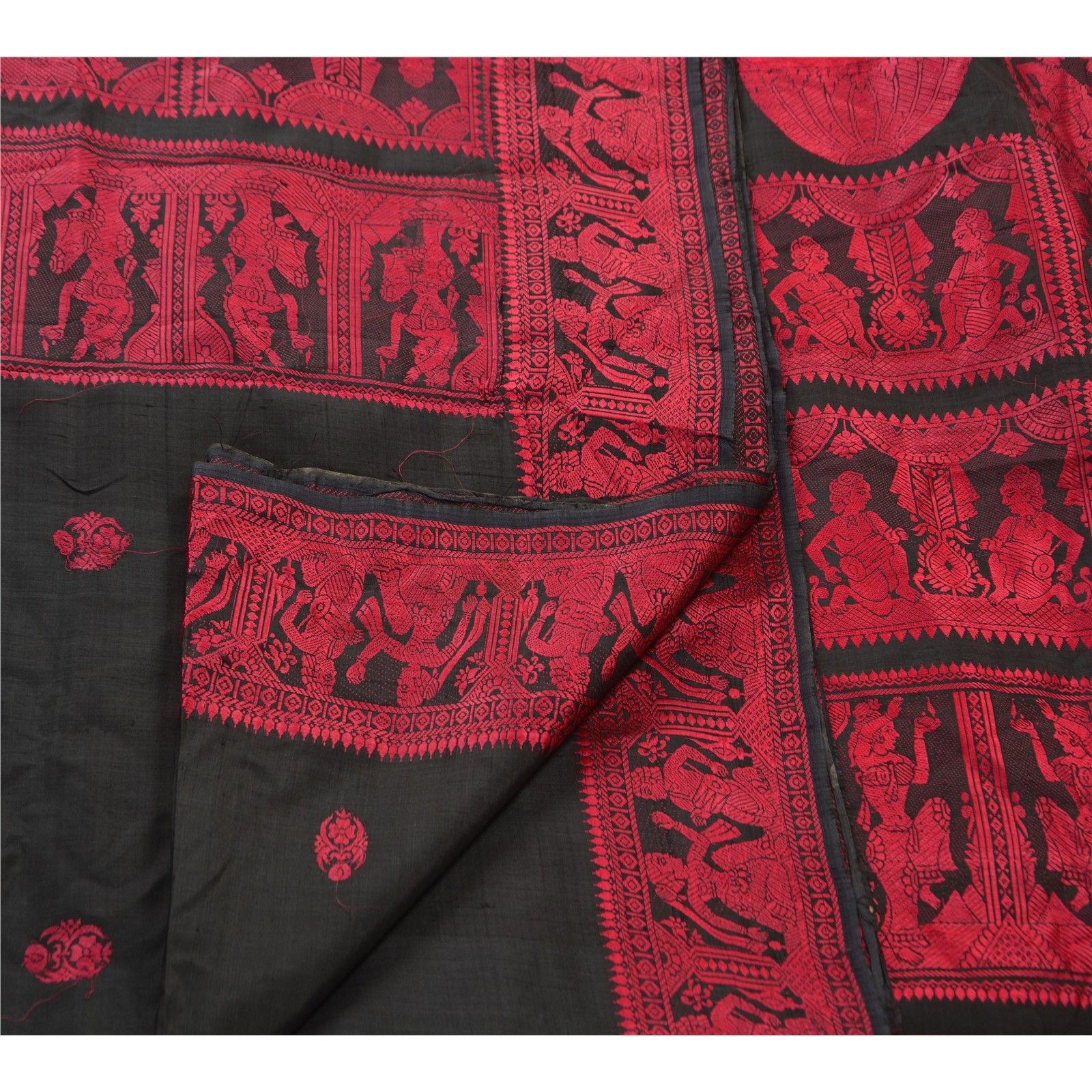 Sanskriti Vintage Antique Saree 100% Pure Silk Black Woven Fabric Baluchari Sari