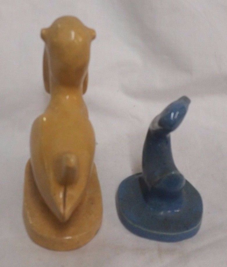 2 VINTAGE HAN MADE FOLK ART POTTERY FIGURINES - 1 YELLOW PELICAN 1 BLUE DUCK