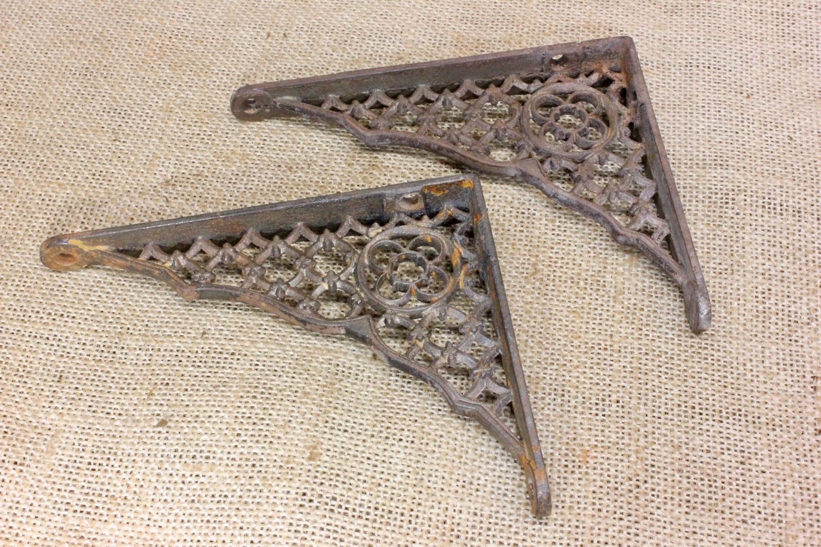 2 Shelf support Brackets 4 X 5” vintage 1800’s old rustic cast iron clover