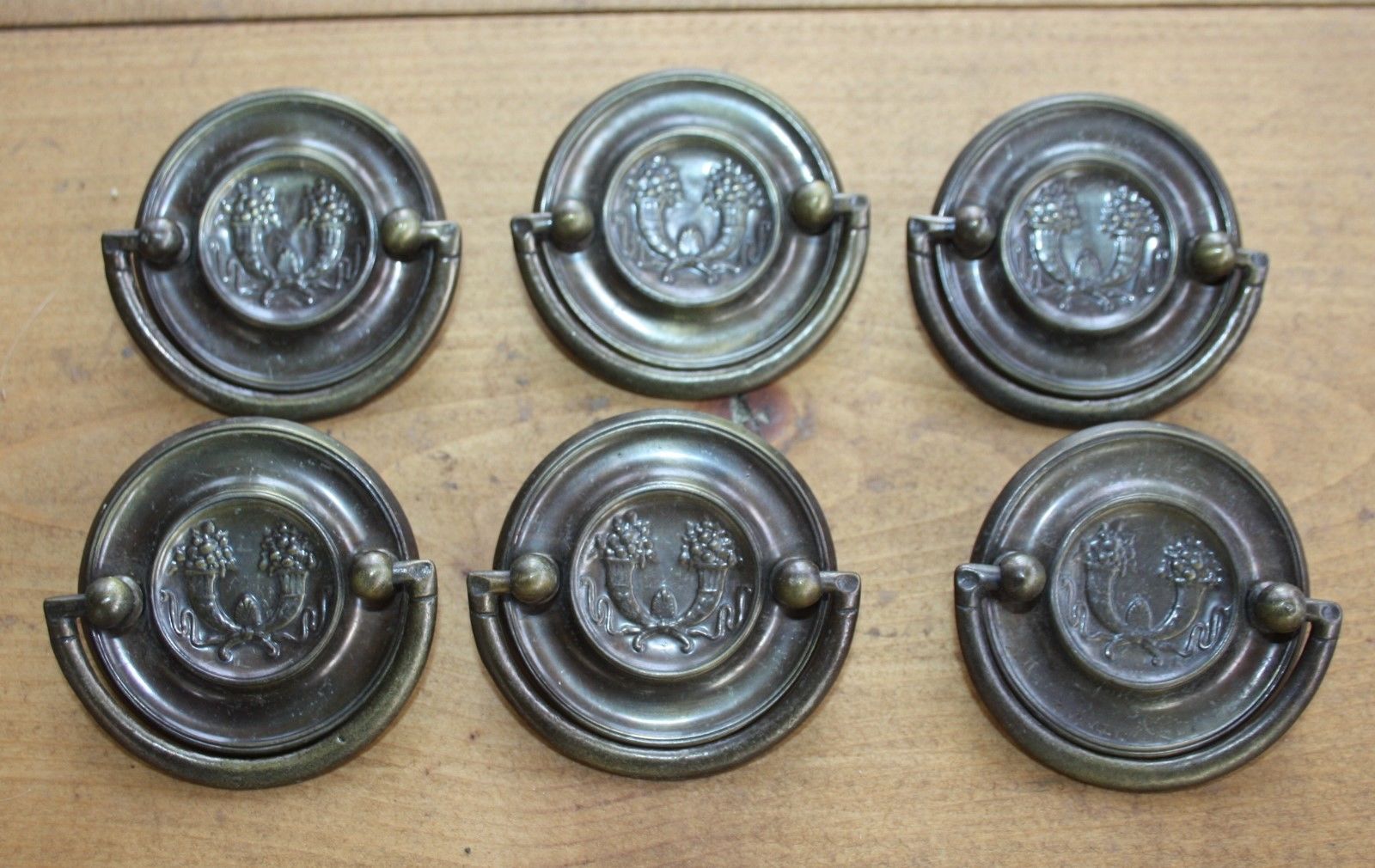 Lot 6 Antique Vtg Brass Cornucopia Round Bail Stamped Handle Metal Drawer Pulls