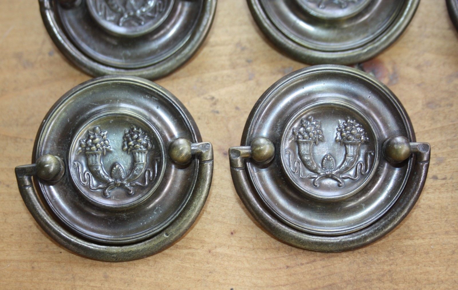 Lot 6 Antique Vtg Brass Cornucopia Round Bail Stamped Handle Metal Drawer Pulls