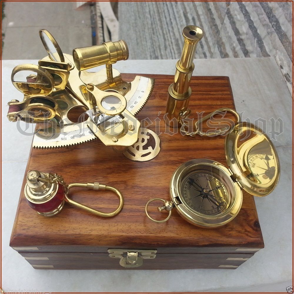 NAUTICAL BRASS GIFT SET VINTAGE MARITIME COMPASS/TELESCOPE/SEXTANT W/WOODEN BOX