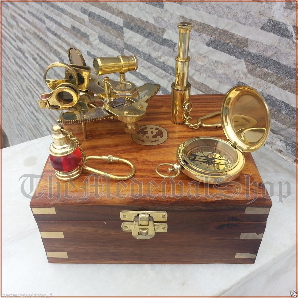 NAUTICAL BRASS GIFT SET VINTAGE MARITIME COMPASS/TELESCOPE/SEXTANT W/WOODEN BOX