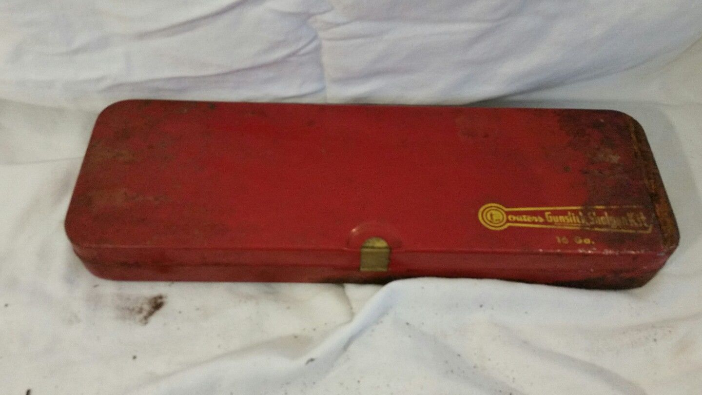 Vintage Red Metal Outers Shotgun Box Hammer & Tools Primitive Farm Barn Decor