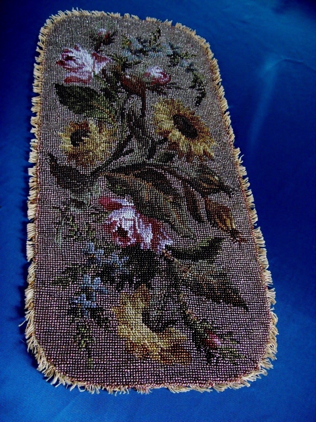 ANTIQUE HAND EMBROIDERED BEAD WORK PANEL ROSES SUNFLOWER ALL BEADED NEEDLEPOINT