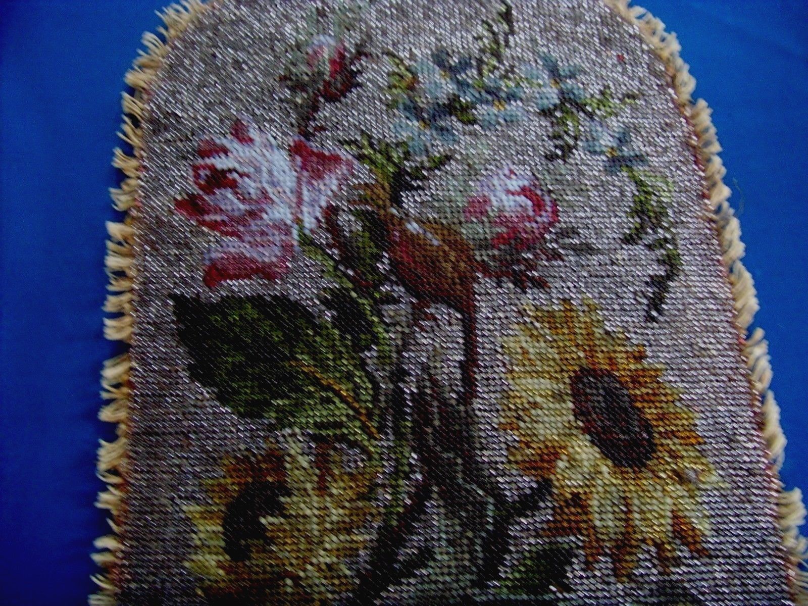 ANTIQUE HAND EMBROIDERED BEAD WORK PANEL ROSES SUNFLOWER ALL BEADED NEEDLEPOINT