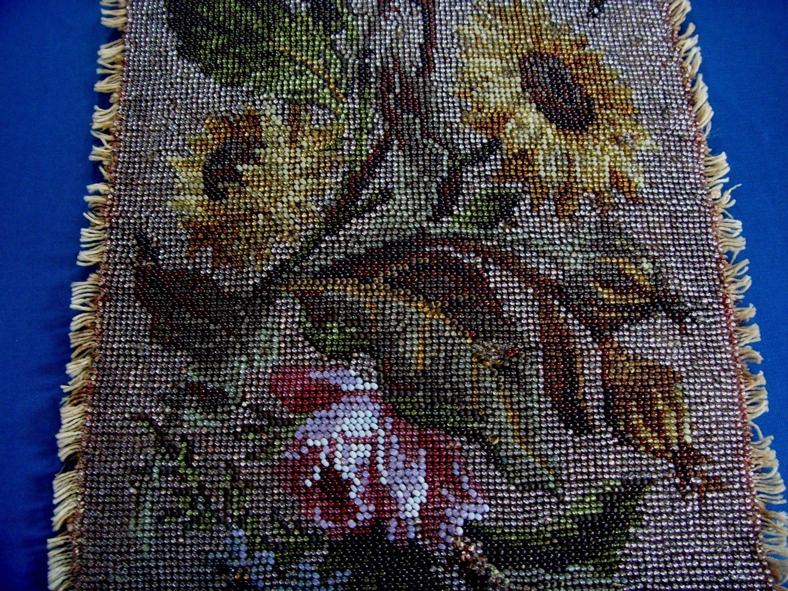 ANTIQUE HAND EMBROIDERED BEAD WORK PANEL ROSES SUNFLOWER ALL BEADED NEEDLEPOINT