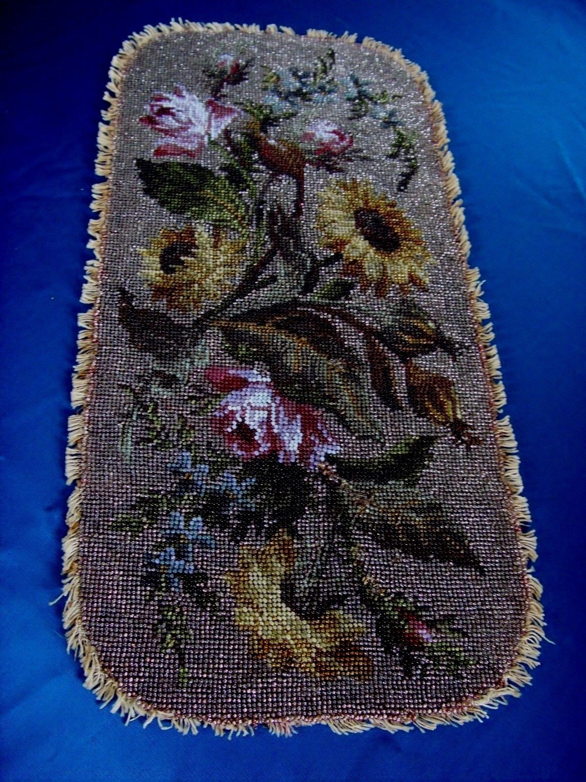 ANTIQUE HAND EMBROIDERED BEAD WORK PANEL ROSES SUNFLOWER ALL BEADED NEEDLEPOINT