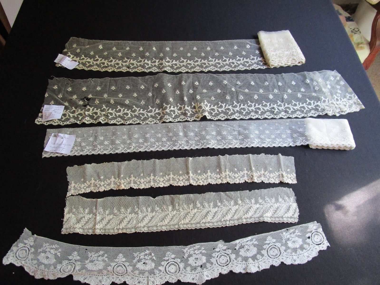 Lot Of 19c Antique, Victorian Mechlin, Tambour And Net Lace Edging Dolls