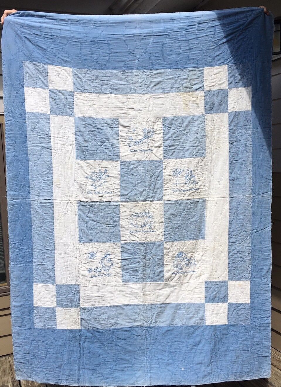 Antique Blue & White CHILD'S Hand Quilted Nursery Rhyme Quilt 1800s