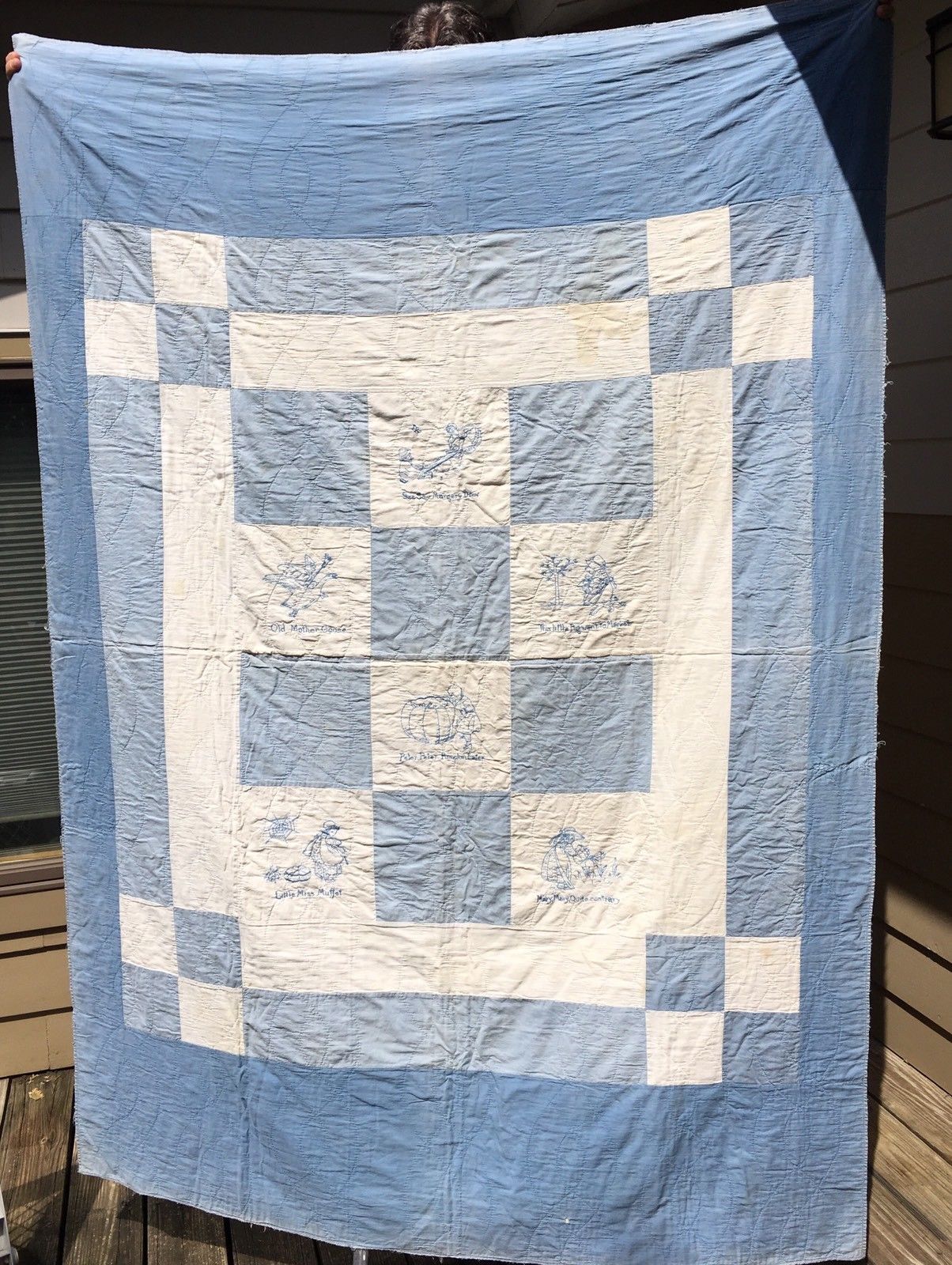 Antique Blue & White CHILD'S Hand Quilted Nursery Rhyme Quilt 1800s