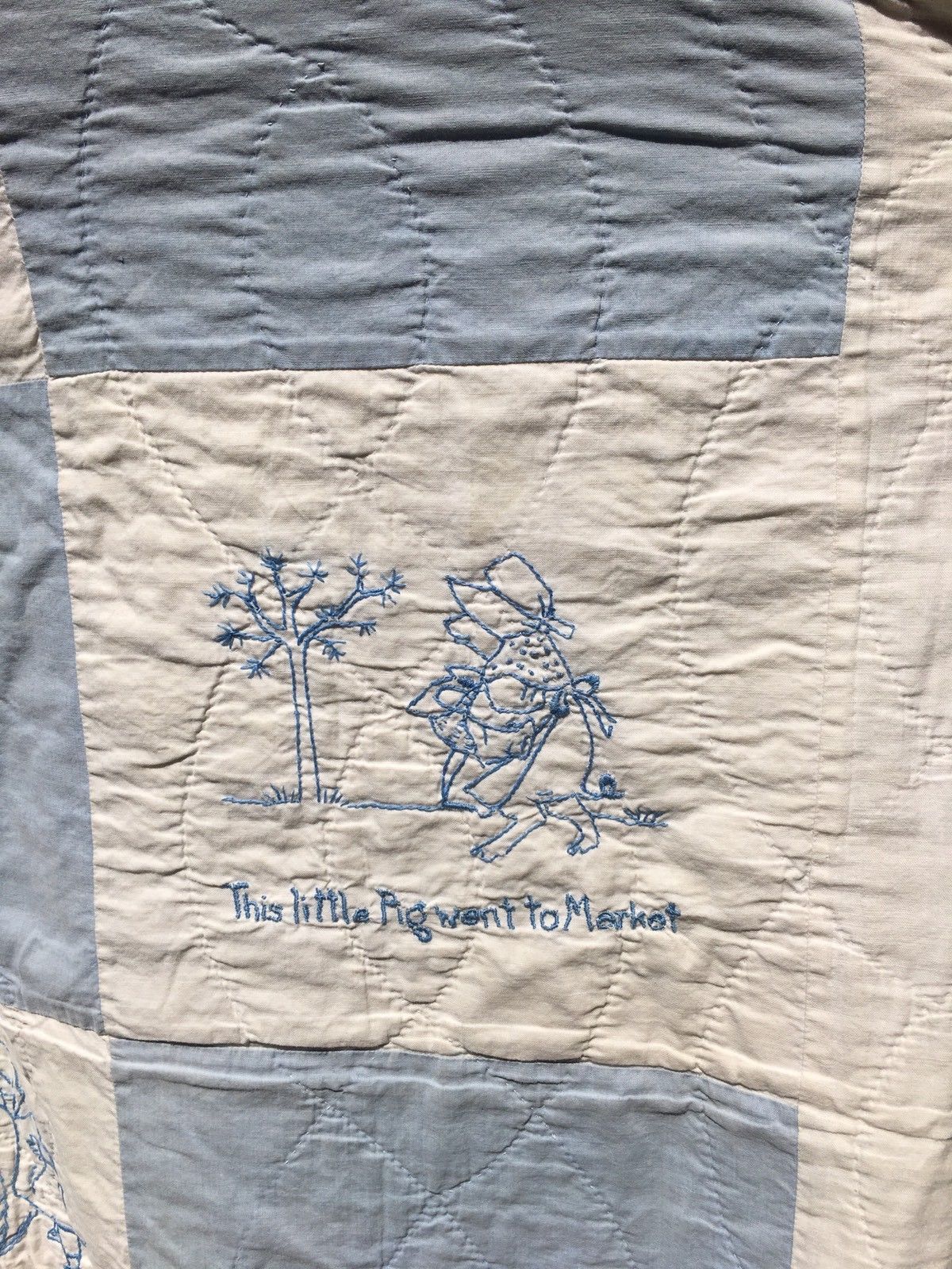 Antique Blue & White CHILD'S Hand Quilted Nursery Rhyme Quilt 1800s